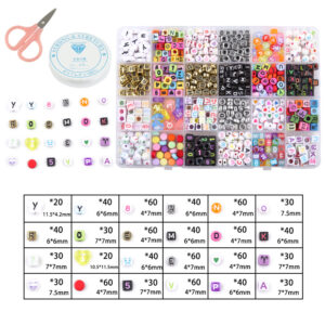 acrylic letter beads for jewelry making, with cord and scissors