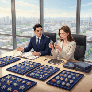 a modern jewelry trade meeting between a Chinese supplier and an overseas buyer