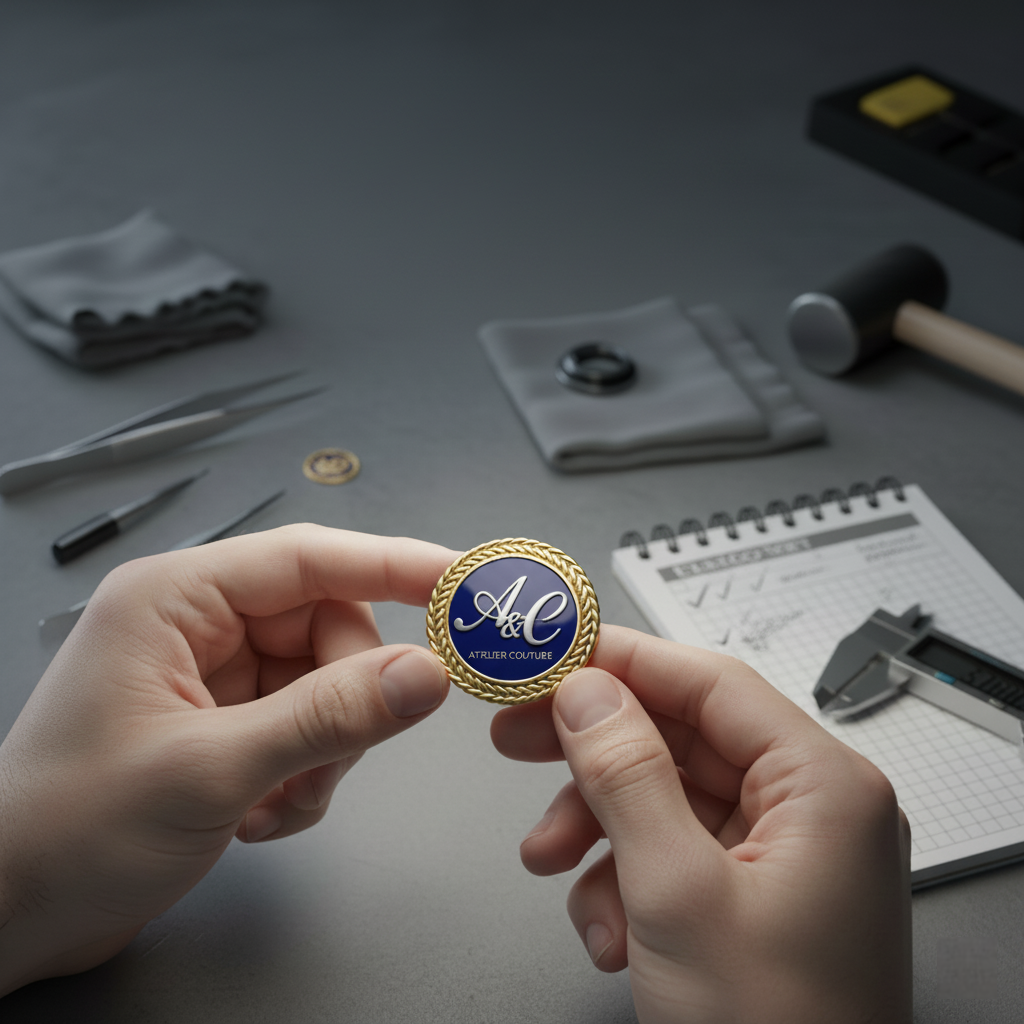 examining craftsmanship of a custom brooch sample