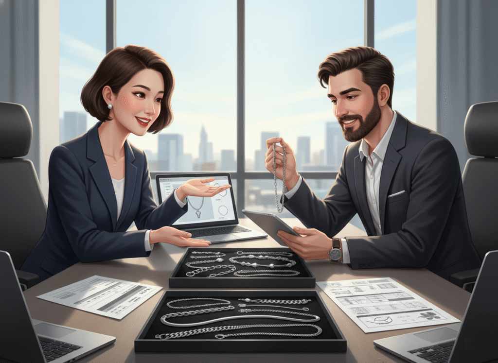  a Chinese jewelry manufacturer representative and an overseas buyer discussing stainless steel necklace samples