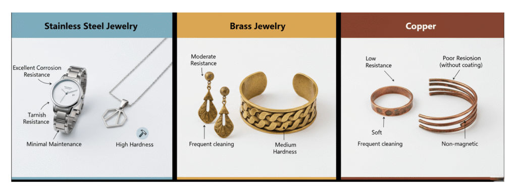 stainless steel, brass, copper comparison