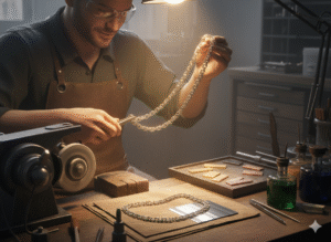 a freshly welded stainless steel necklace under a polishing wheel