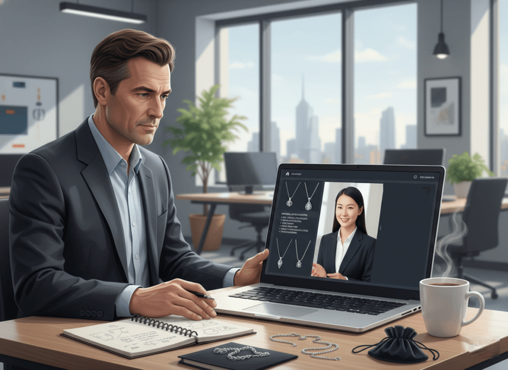 a jewelry buyer having a video call with a SoulAcc business seller