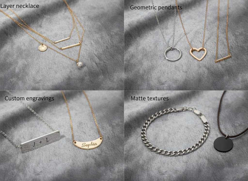 layered necklace, geometric pendants necklace, custom engravings pendant, matte textures