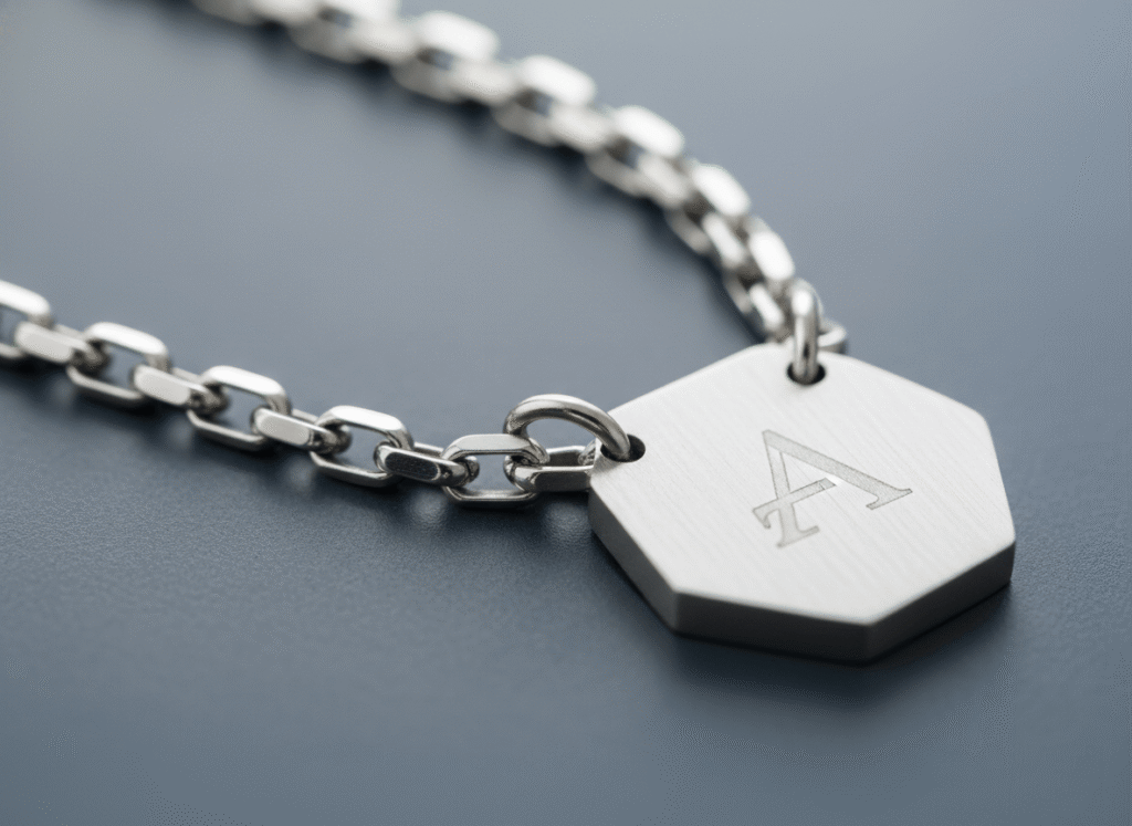 a stainless steel necklace with geometric pendant and seamless chain links