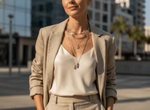 a fashionable model wearing layered stainless steel necklaces