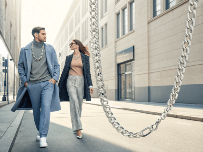 a man and a lady wearing stainless steel chain necklace