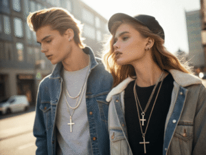 young man and a female wearing stainless steel cross necklace
