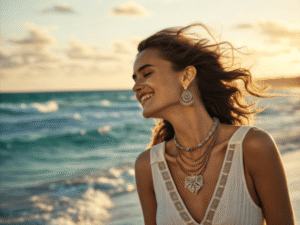 wearing stainless steel jewelry close to the ocean shore