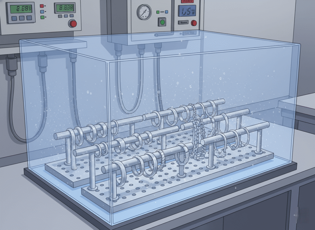 a stainless steel jewelry sample undergoing a neutral salt spray test