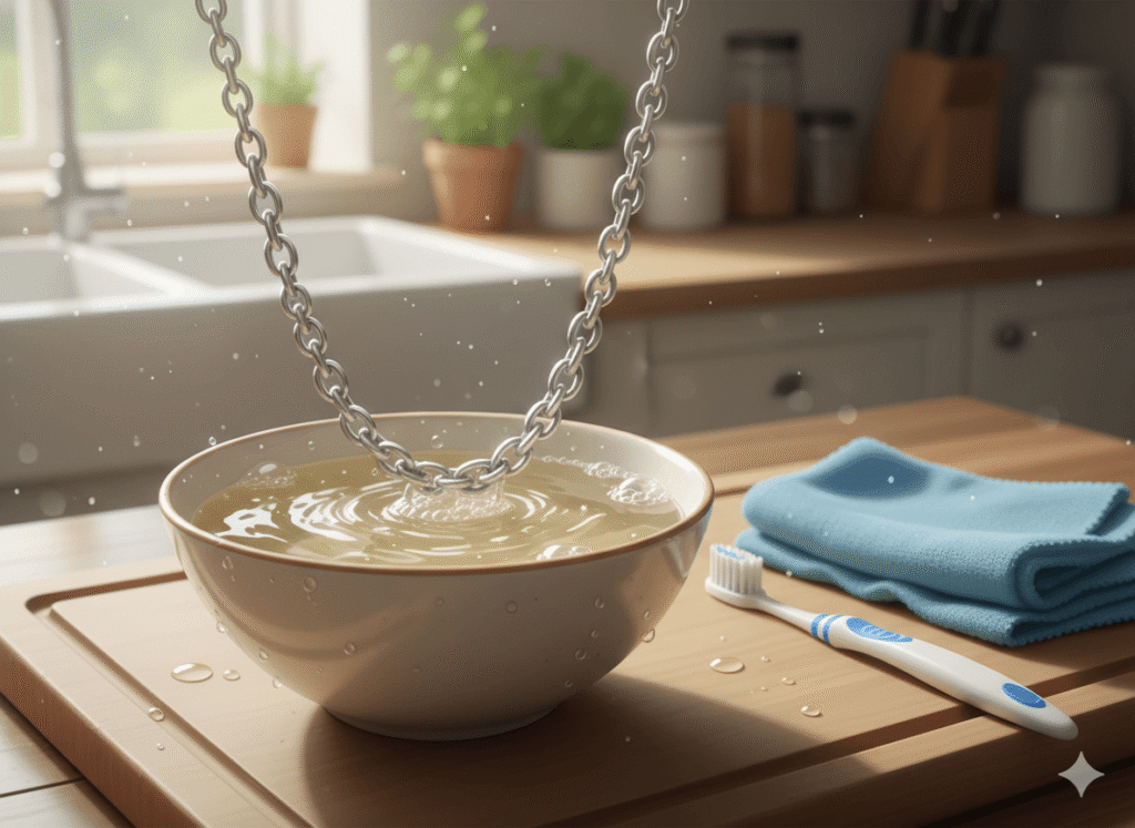 a stainless steel necklace being cleaned