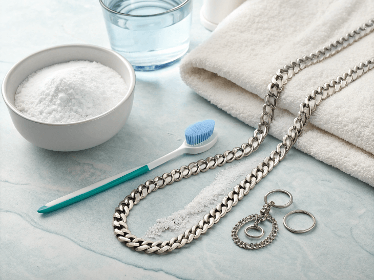 a stainless steel necklace being cleaned with a small bowl of baking soda paste