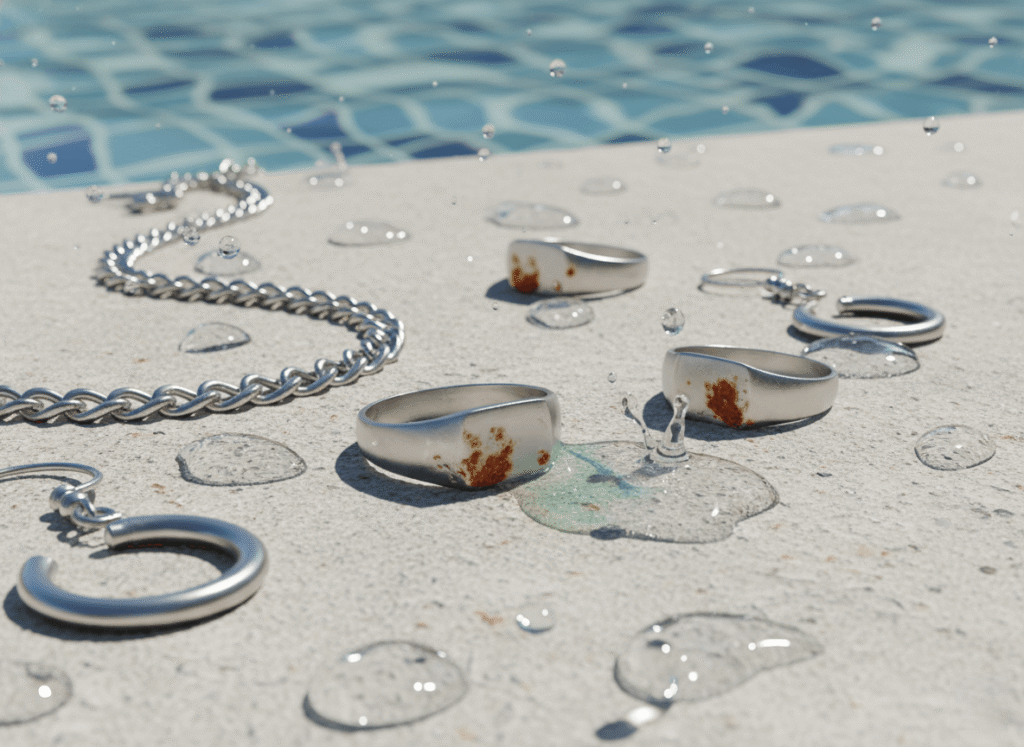 Chlorine—present in pool water and household cleaners—is one of the most common corrosive substances affecting stainless steel jewelry.
