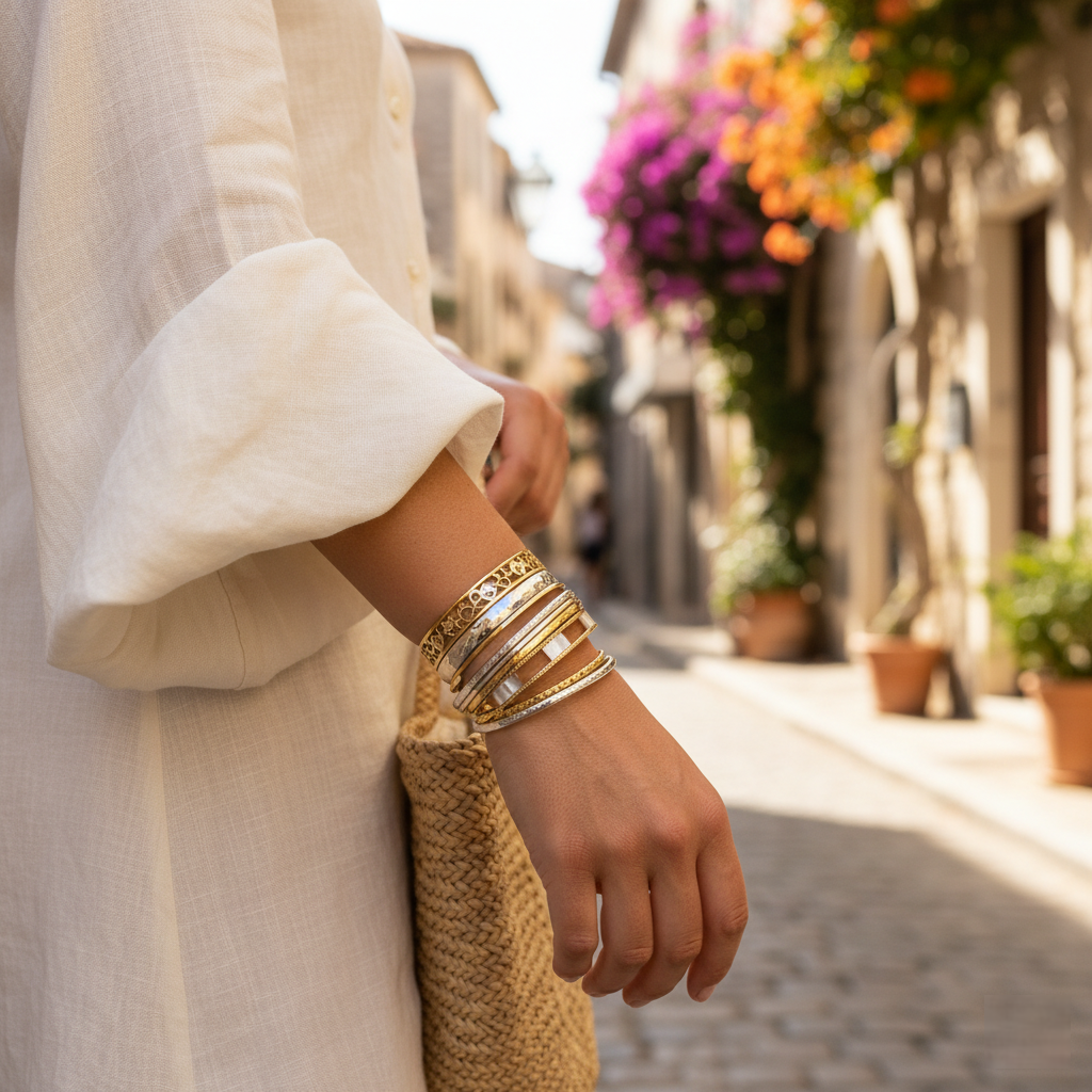 These are rigid, circular designs that can be slipped over the wrist.