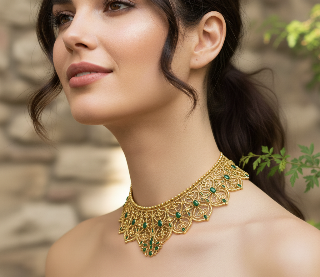 Collar necklaces sit slightly higher than traditional chains and usually cover the upper chest area