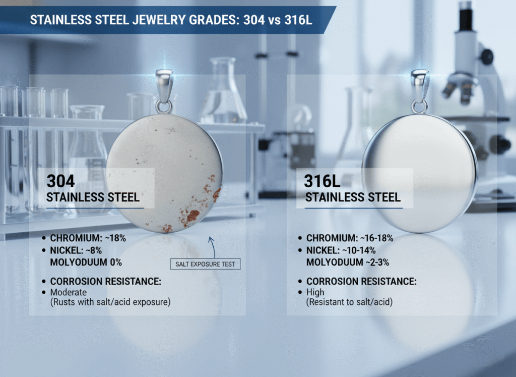 comparing two stainless steel jewelry grades, 304 and 316L