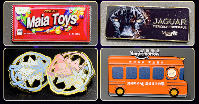 different pin types: printed pin, soft enamel pin, hard enamel pin, epoxy pin