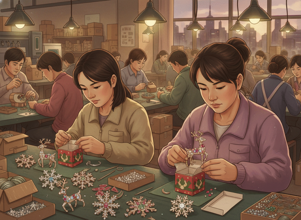 preparing brooches for Christmas Festival