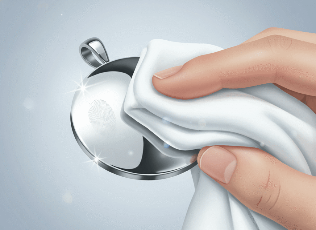 painting of a hand wiping a stainless steel pendant with a white microfiber cloth