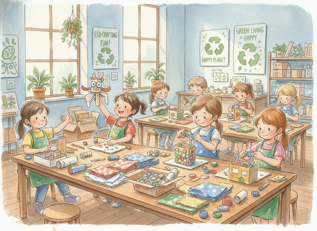 Young learners creating art from recycled materials