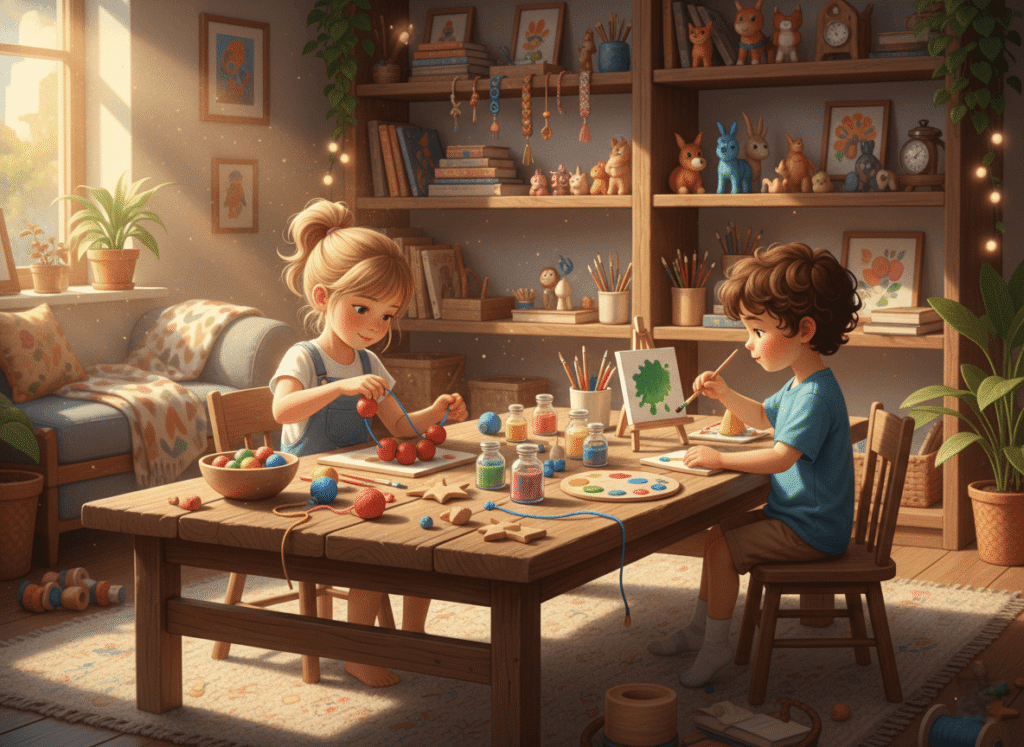  two children sit at a wooden craft table covered with various DIY kits — beads, colorful threads, paint bottles, and clay shapes
