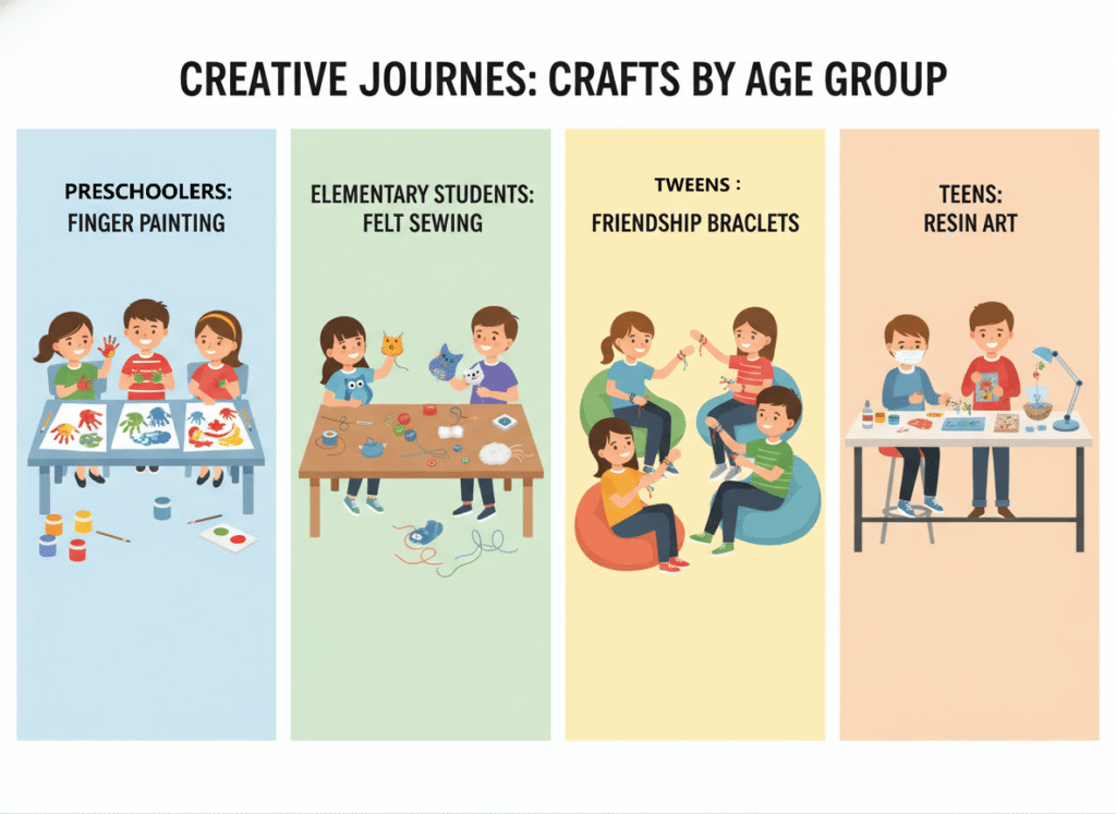 different age groups engaged in crafts that match their abilities