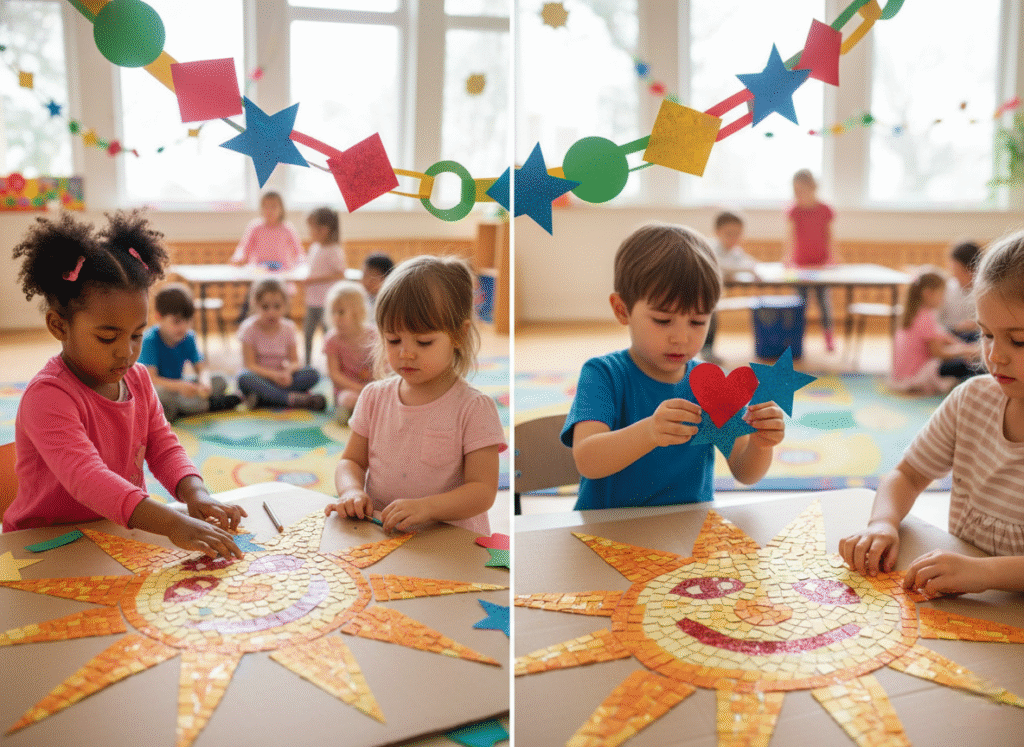  children create a colorful paper chain or mosaic together