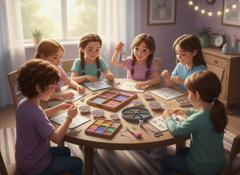 Children sitting around a craft table making friendship bracelets and keychains together