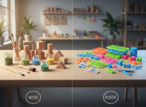 a comparison between wooden and plastic craft kits