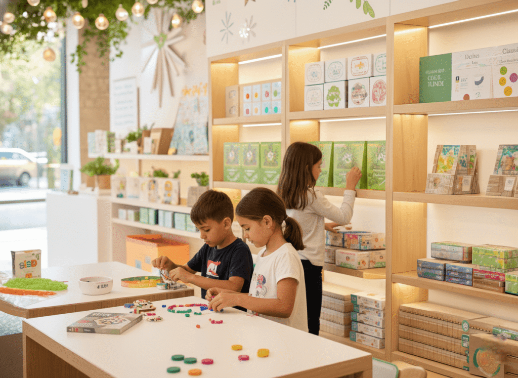 a modern toy shop display showcasing various top-selling children’s craft kits 