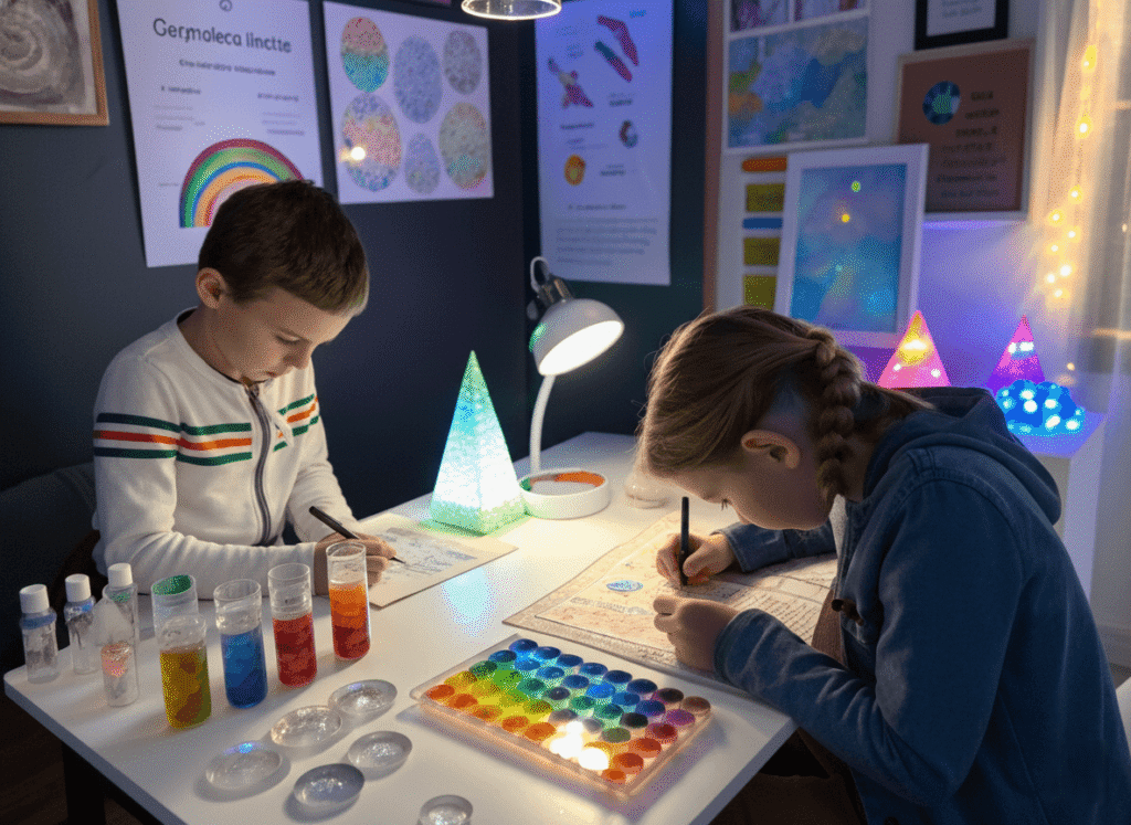 two children (ages 8–11) creating a “crystal painting” project using scientific and artistic elements