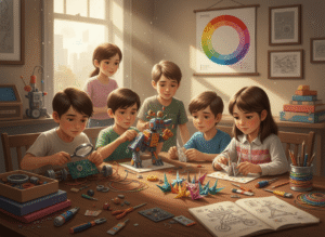 children recycling broken toys and folding origami figures