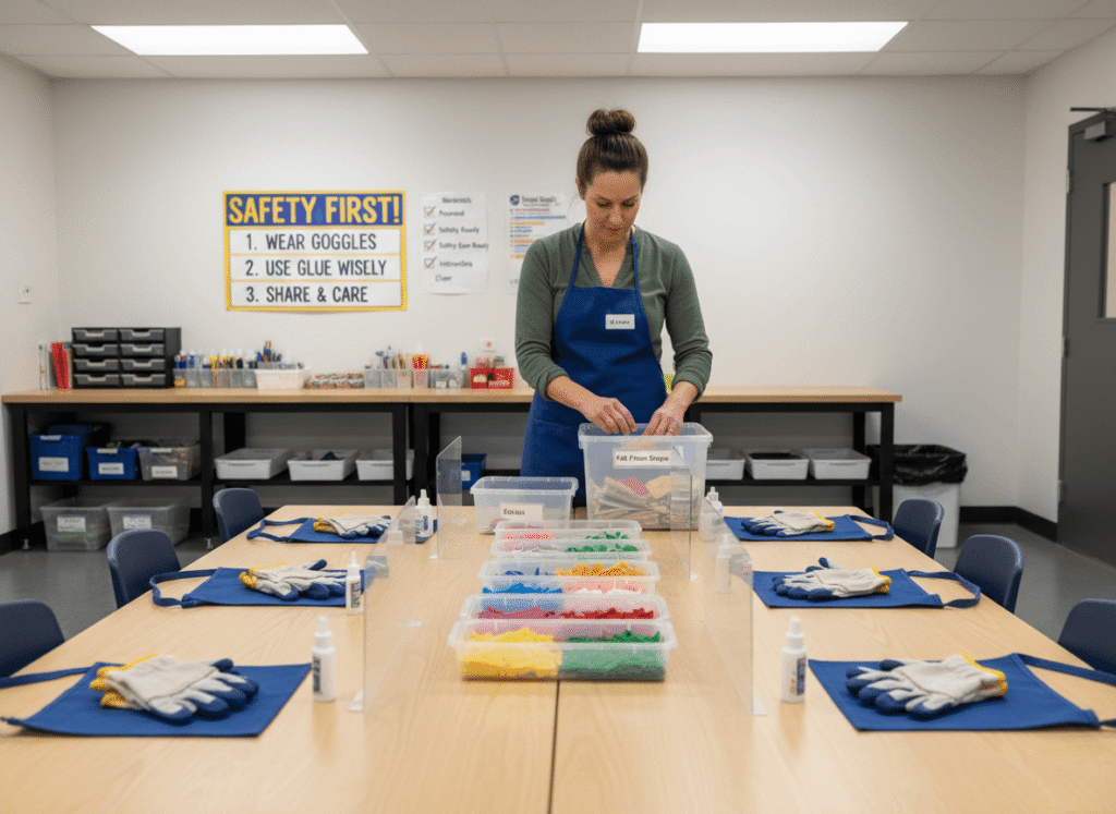 An education professional organizing trays of pre-sorted craft materials before class