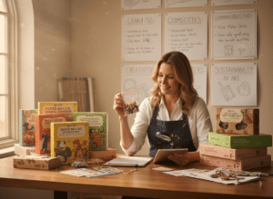 An art teacher in a classroom setting reviewing different DIY craft kit samples on a large table—beaded jewelry kits, paper mache sets, and eco-craft materials.