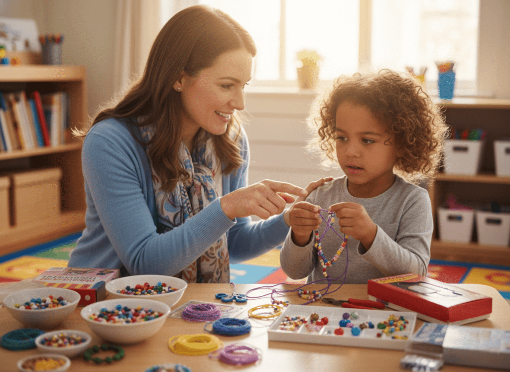 an elementary school teacher kneeling beside a frustrated child whose thread has tangled during jewelry making