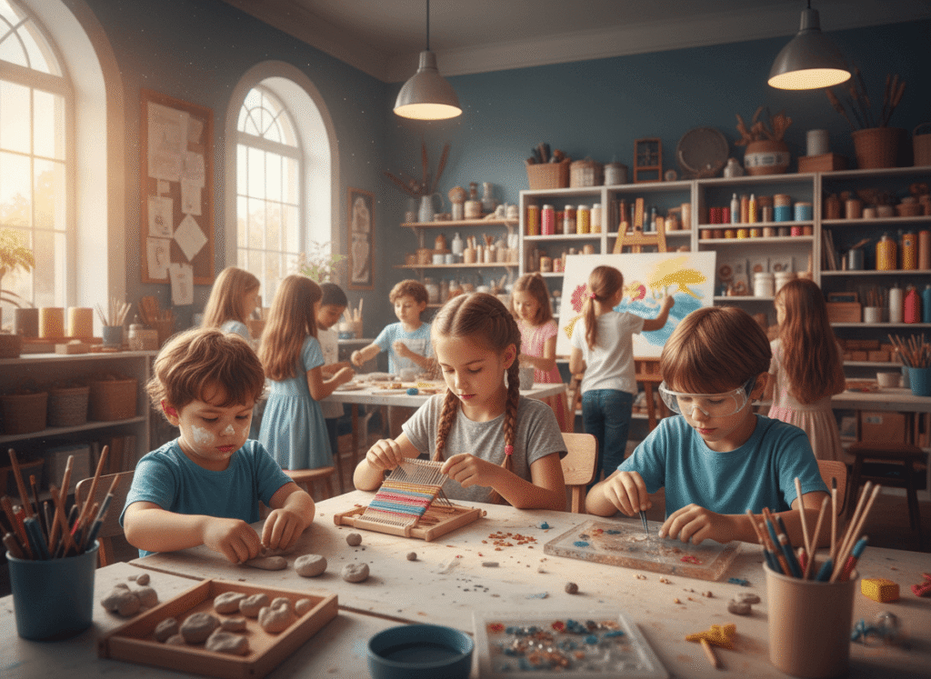 children of different ages, each participating in various crafts