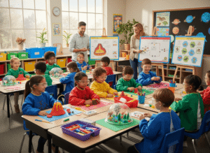 a group of elementary school children are joyfully working on a science project using colorful craft kits