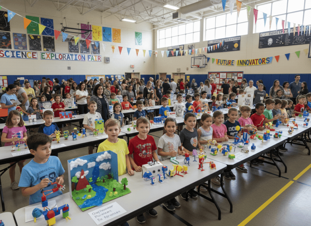  rows of tables displaying student projects made from craft kits