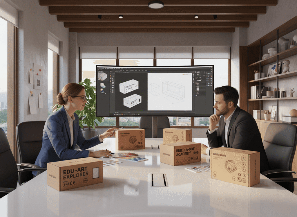 an OEM packaging designer and a client reviewing mockups of educational craft kit boxes