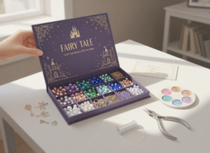 a modern DIY jewelry craft kit Includes beads, charms, pliers, string, color palettes