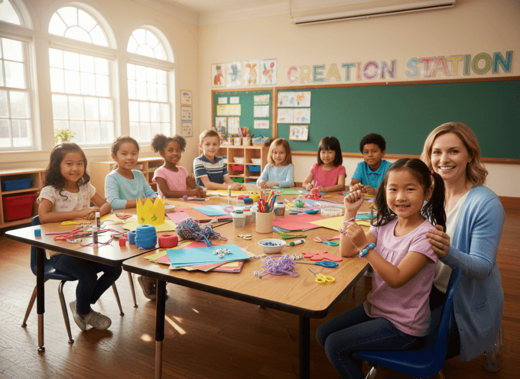 children make jewelry craft happily