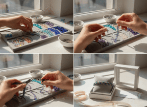 A step-by-step visual scene showing jewelry assembly in progress