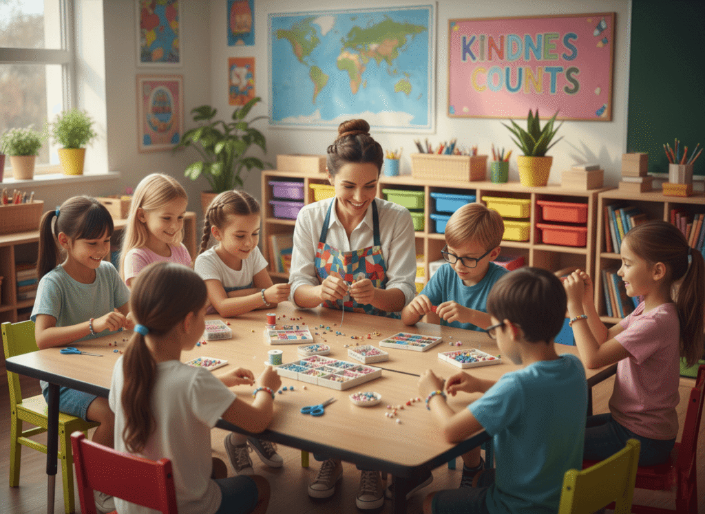 kids crafting friendship bracelets classroom activity