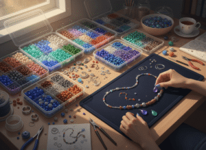 a jewelry designer’s workstation with multiple bead kits