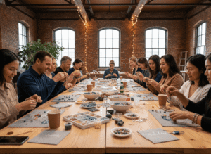 employees are crafting jewelry with themed corporate bead kits