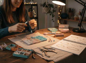 a professional jewelry designer examining a variety of bead trays