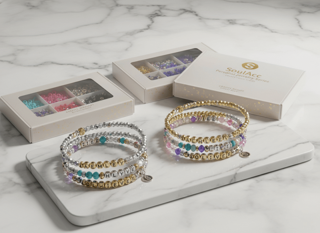  personalized name bracelets arranged elegantly on a marble display