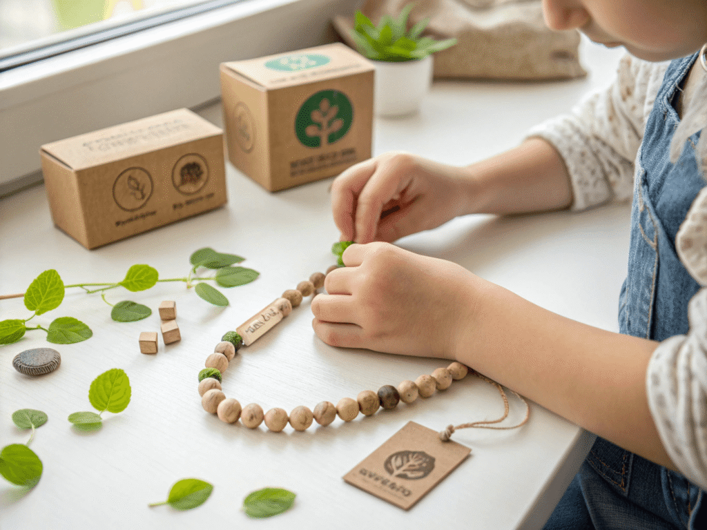 a child’s hands assembling a bracelet using biodegradable bamboo beads