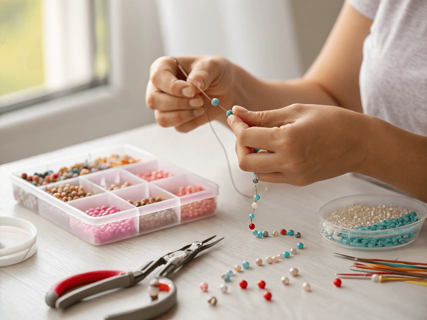 a jewelry maker’s hands threading colorful tiny beads onto a thin wire