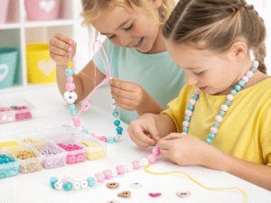 children threading bright plastic and wooden beads onto elastic cords